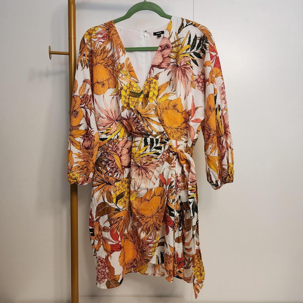 M Express Floral Linen Cotton Wrap Dress, Size Medium